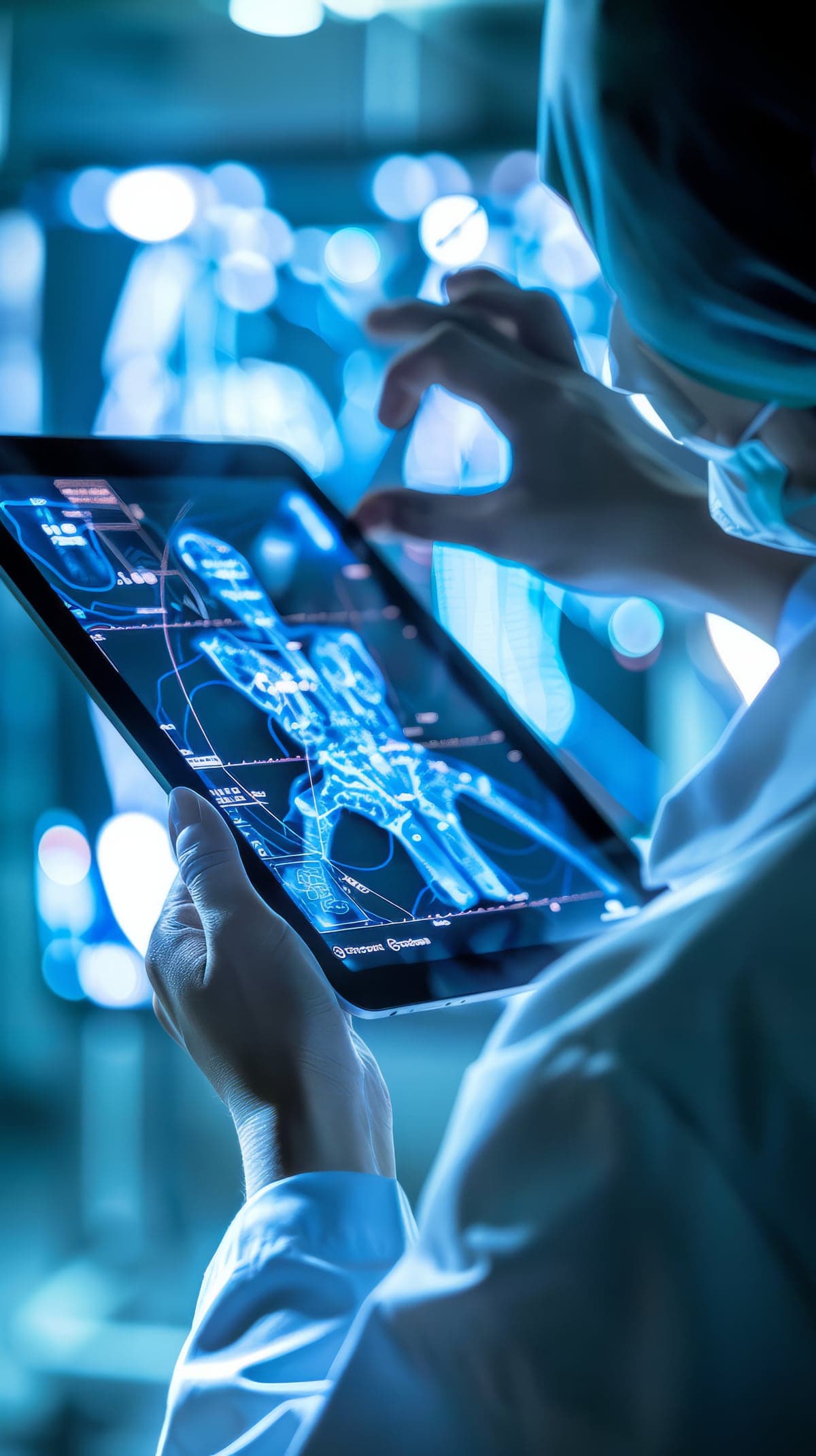 Profesional de salud sosteniendo una tableta con una radiografía de mano.